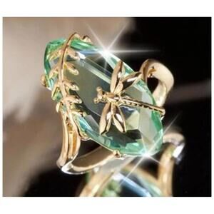 Green dragonfly ring - 18Kgold  plated - CZs - size 9.